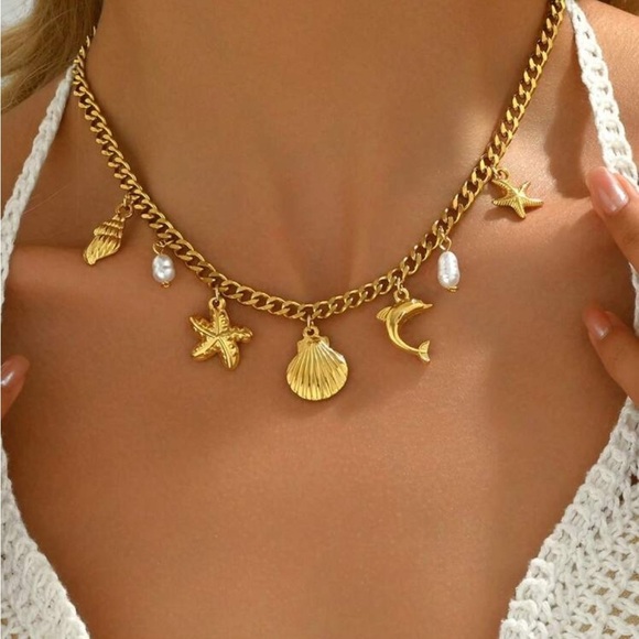 18K Gold Plated Ocean Charm Necklace - Gold Jewelry - Picture 2 of 5